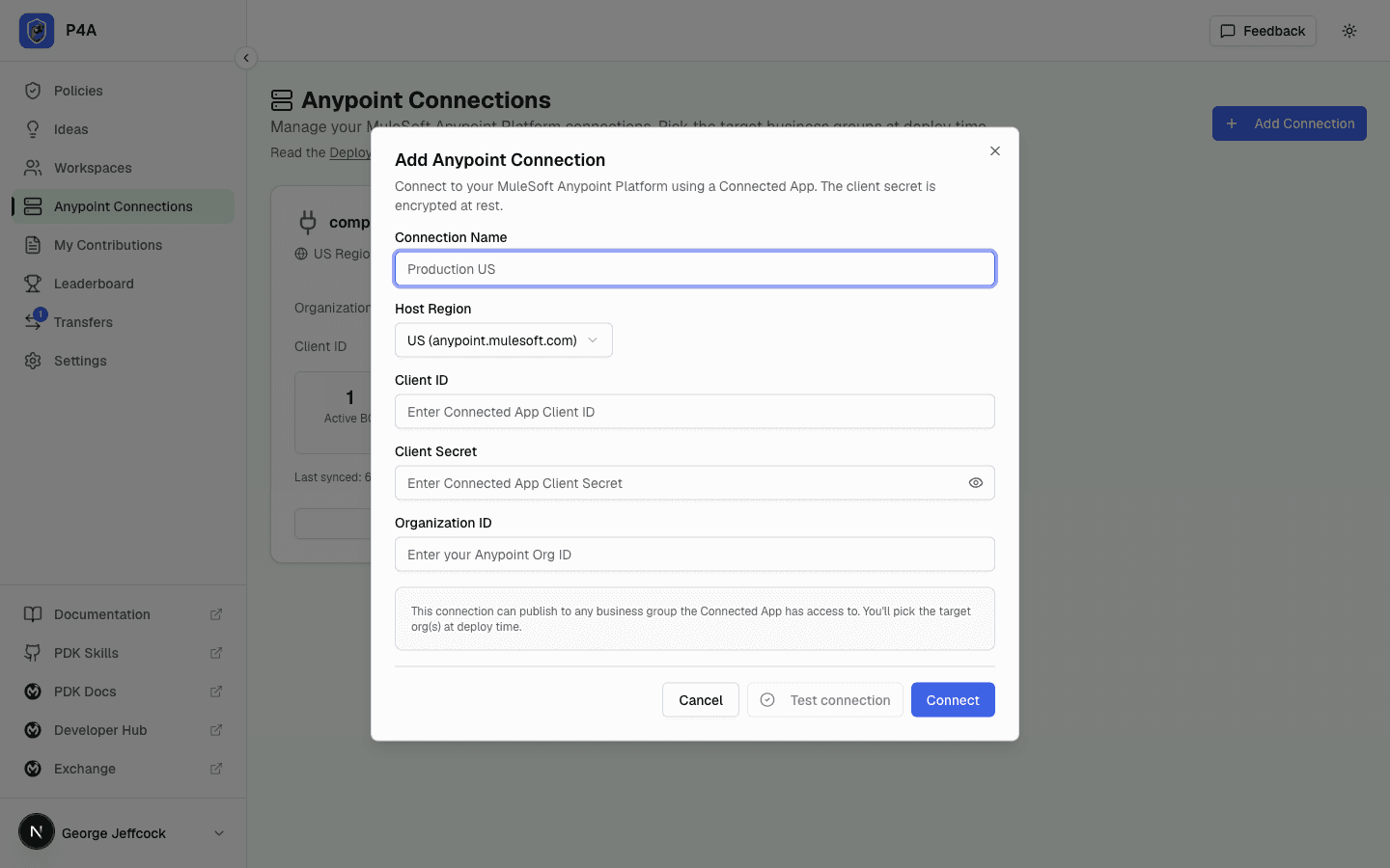 Add Anypoint Connection form with name, host region, client ID, client secret, and organization ID fields
