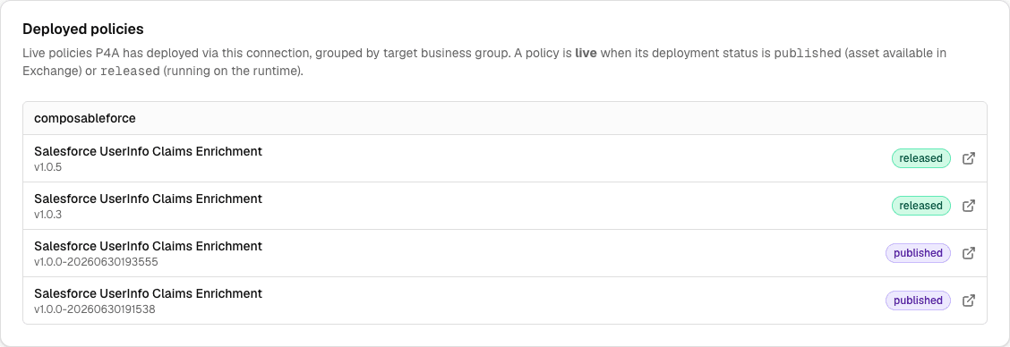 Bottom of the connection detail page listing each policy deployed through the connection, grouped by business group