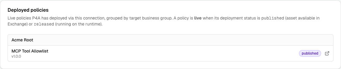 Bottom of the connection detail page listing each policy deployed through the connection, grouped by business group