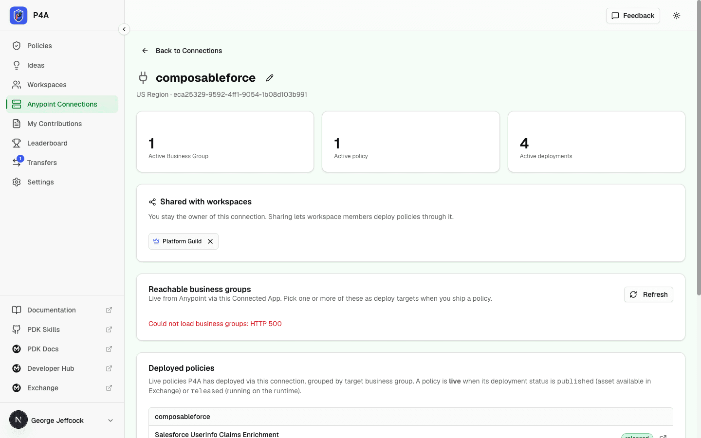 Connection detail page for an Anypoint Connected App showing summary counters, sharing controls, and reachable business groups
