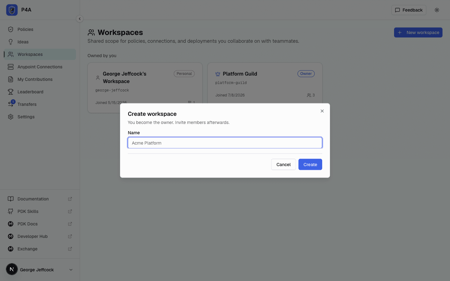 Create workspace dialog with the name field
