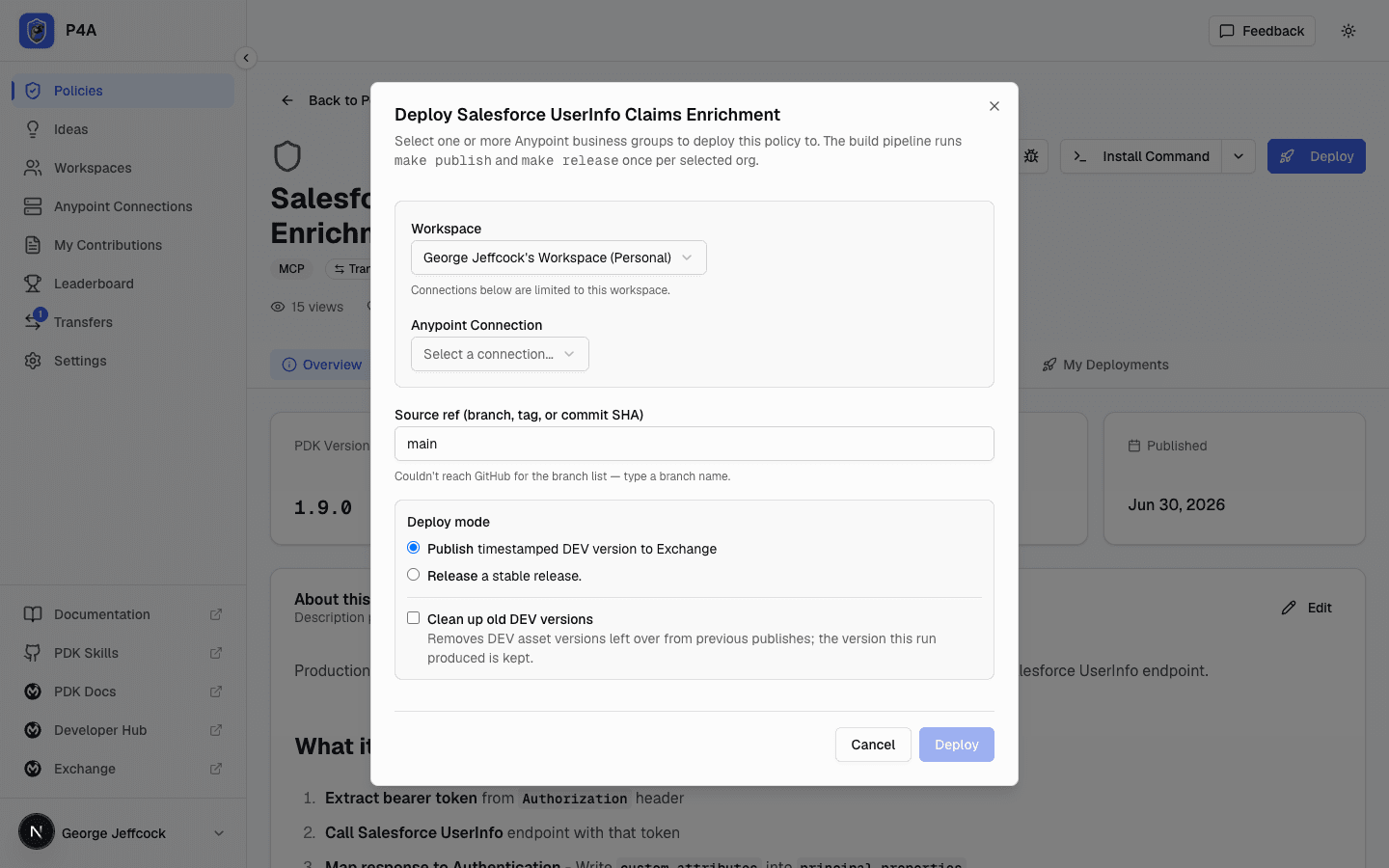 Deploy modal with Anypoint connection picker, target business groups, source ref, and deploy mode options