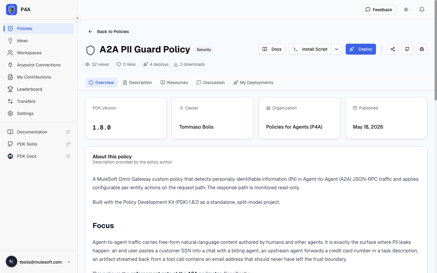 Policy detail header with the Documentation button