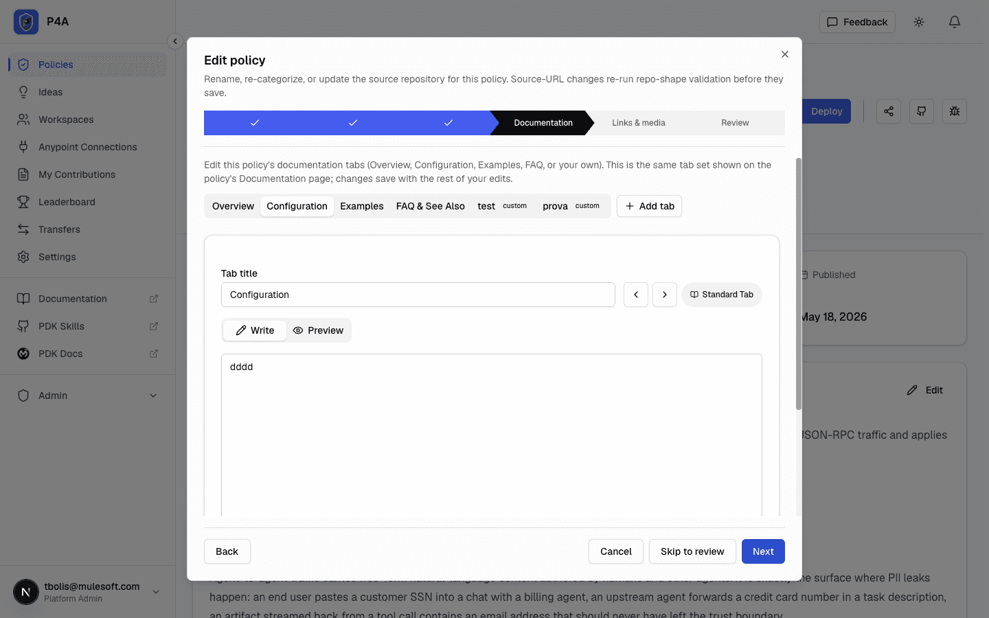 The wizard Documentation step, showing Configuration, Examples, and FAQ tabs with a Markdown editor