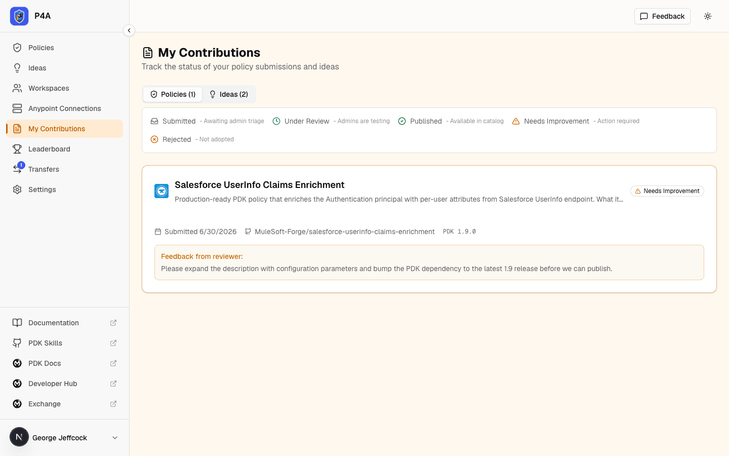 My Contributions page with a submission card showing the Needs Improvement badge and reviewer feedback