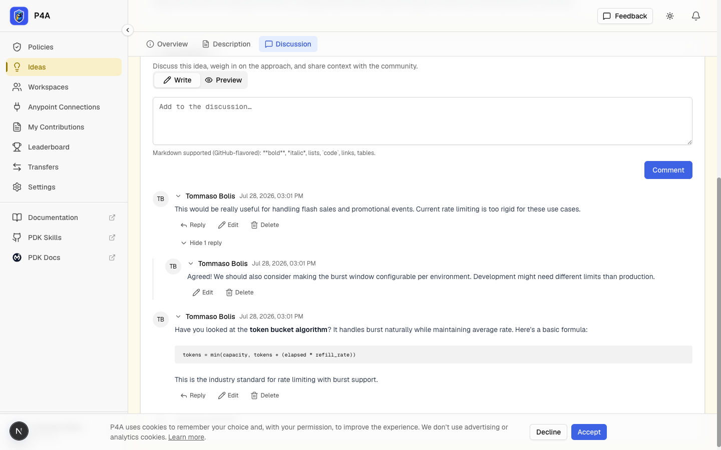 Comment thread showing the Reply, Edit, and Delete controls with an indented reply beneath a top-level comment