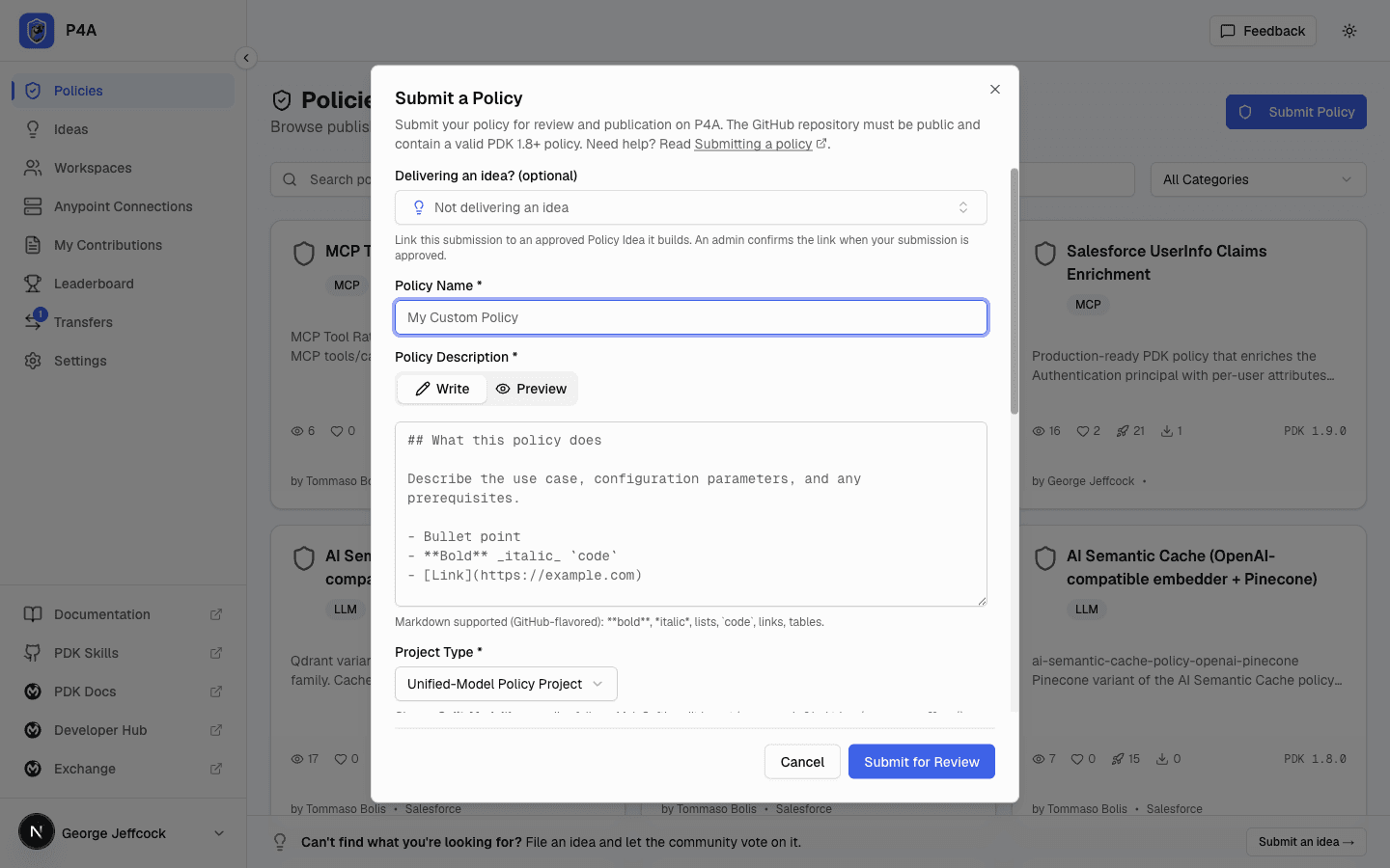 Submit a Policy modal with fields for name, description, project type, and GitHub URL