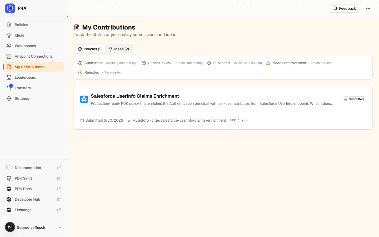 My Contributions page with a submission card showing the Submitted badge