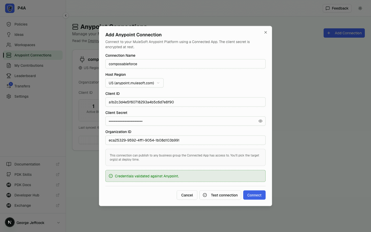 Add Anypoint Connection form with a green Test connection success banner