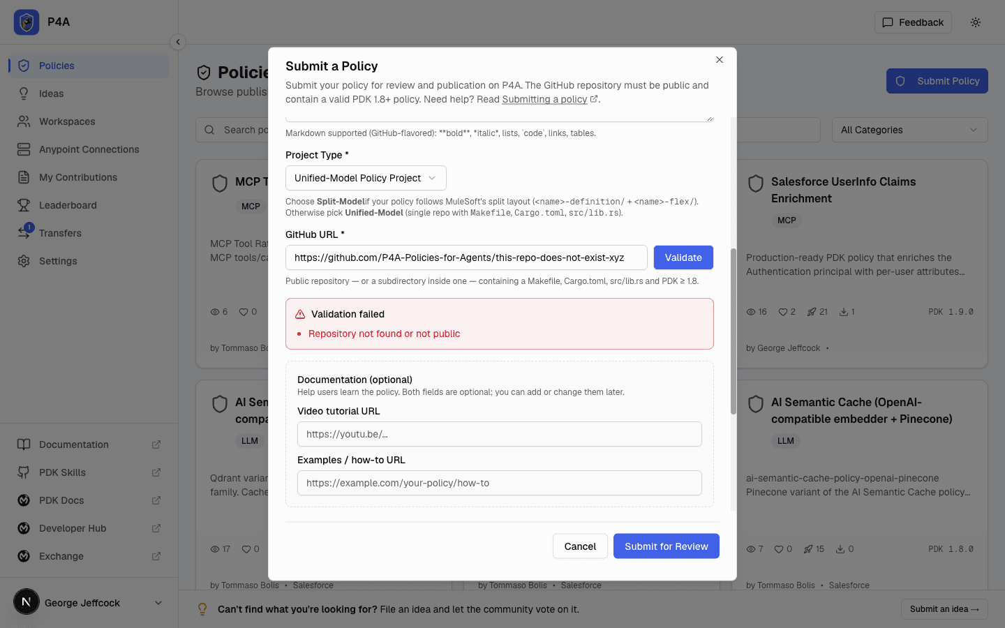 Submission form showing a red "Validation failed: Repository not found or not public" message