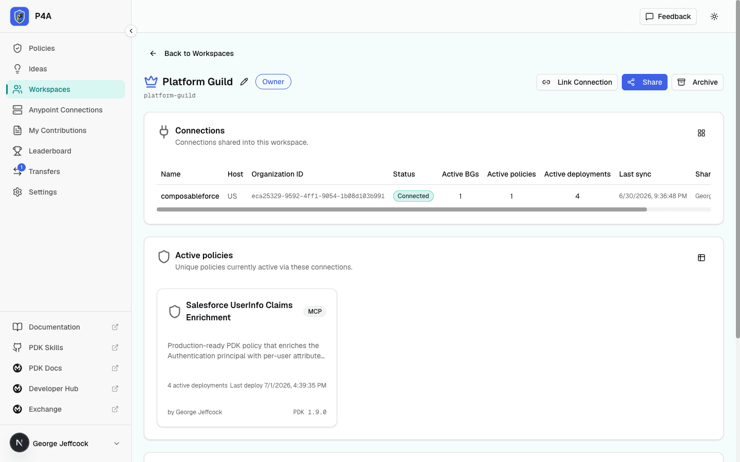 P4A Dev Team workspace detail page with Owner badge, Link Connection and Share buttons, and the Connections, Active policies, and Members cards