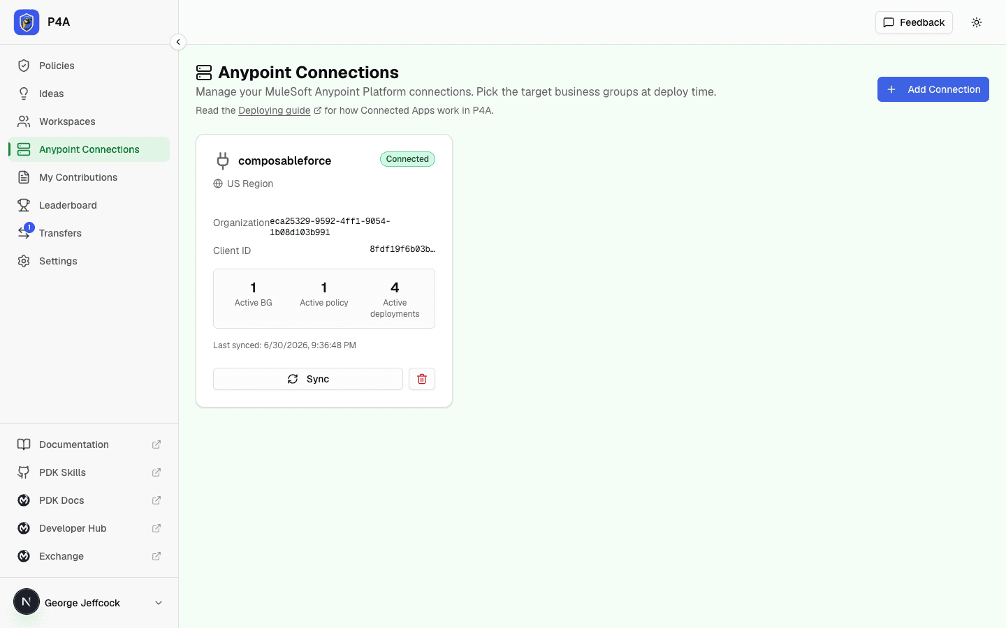 Anypoint Connections page listing registered Connected Apps with their host region and owning workspace