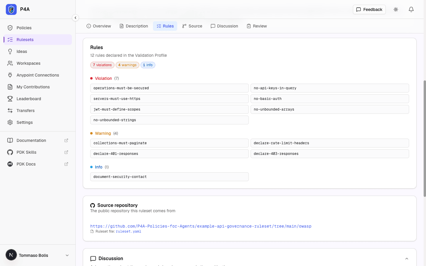 A ruleset detail page showing its rules grouped into Violation, Warning and Info