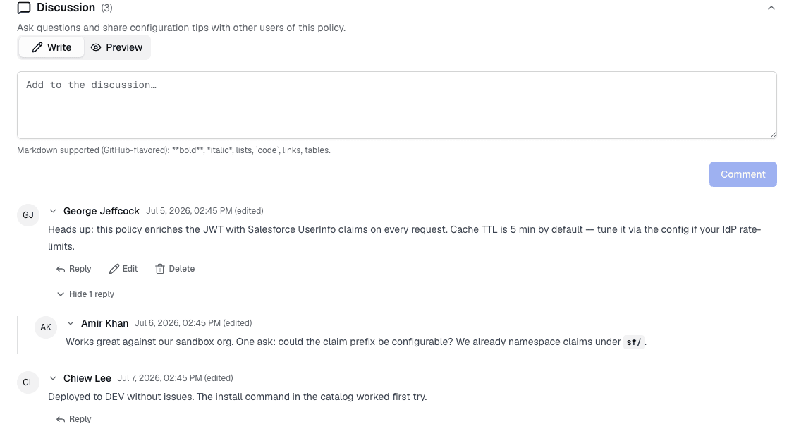 Policy discussion card showing the compose box, comment threads with replies, and a deleted comment placeholder
