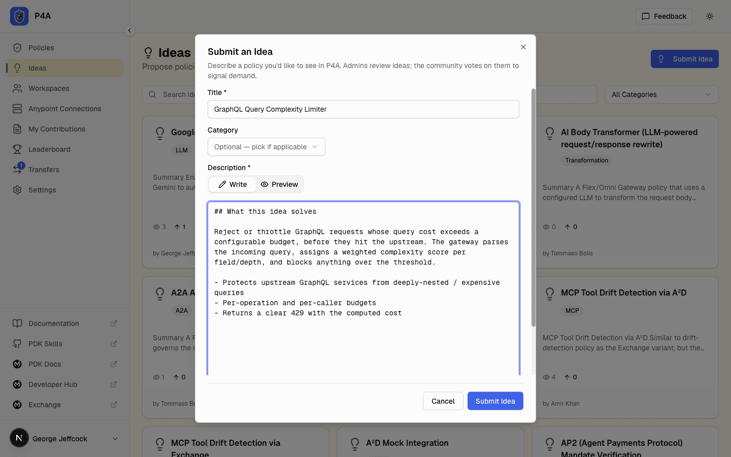Submit an Idea modal with title, category, and markdown description fields