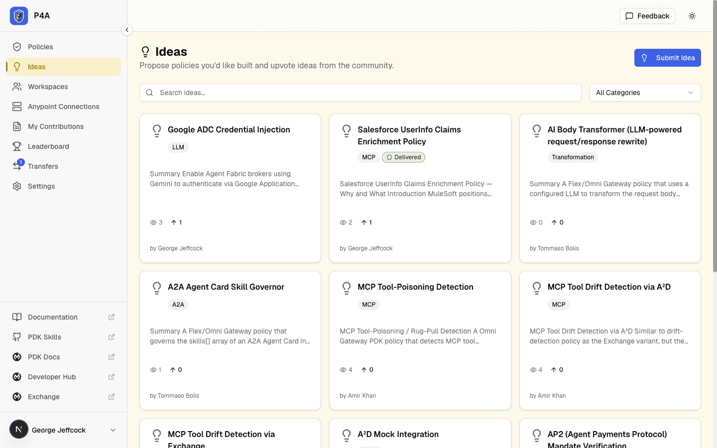 Dashboard Ideas view with the Ideas sidebar item active, a Submit Idea action, and a grid of community-submitted idea cards with vote counts