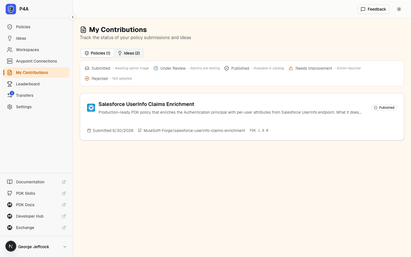 My Contributions page listing the signed-in user's submitted policies and ideas with lifecycle state badges