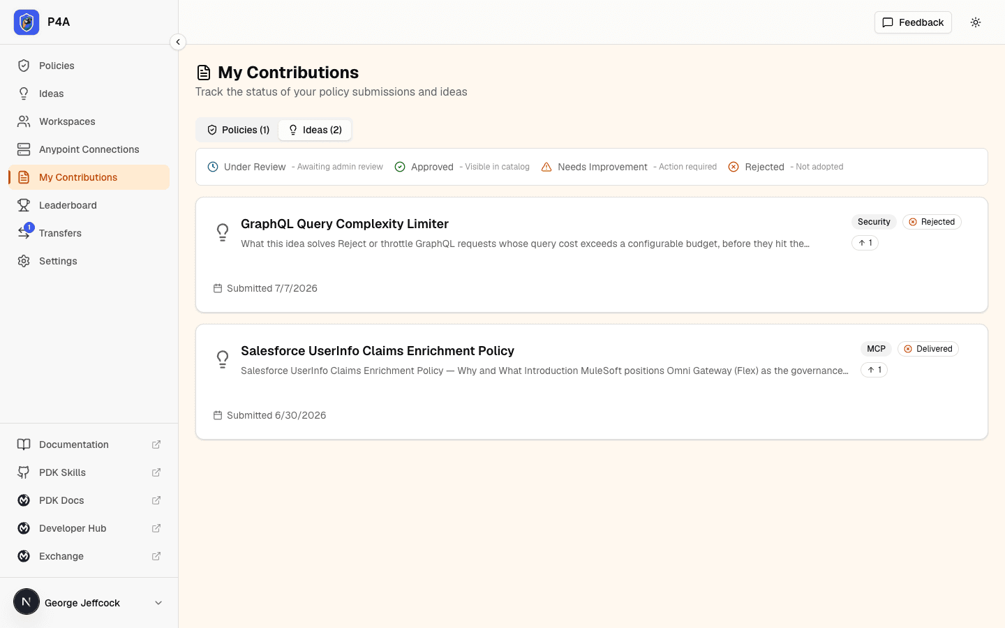 My Contributions, Ideas tab — the GraphQL Query Complexity Limiter card with the Rejected badge and rejection reason