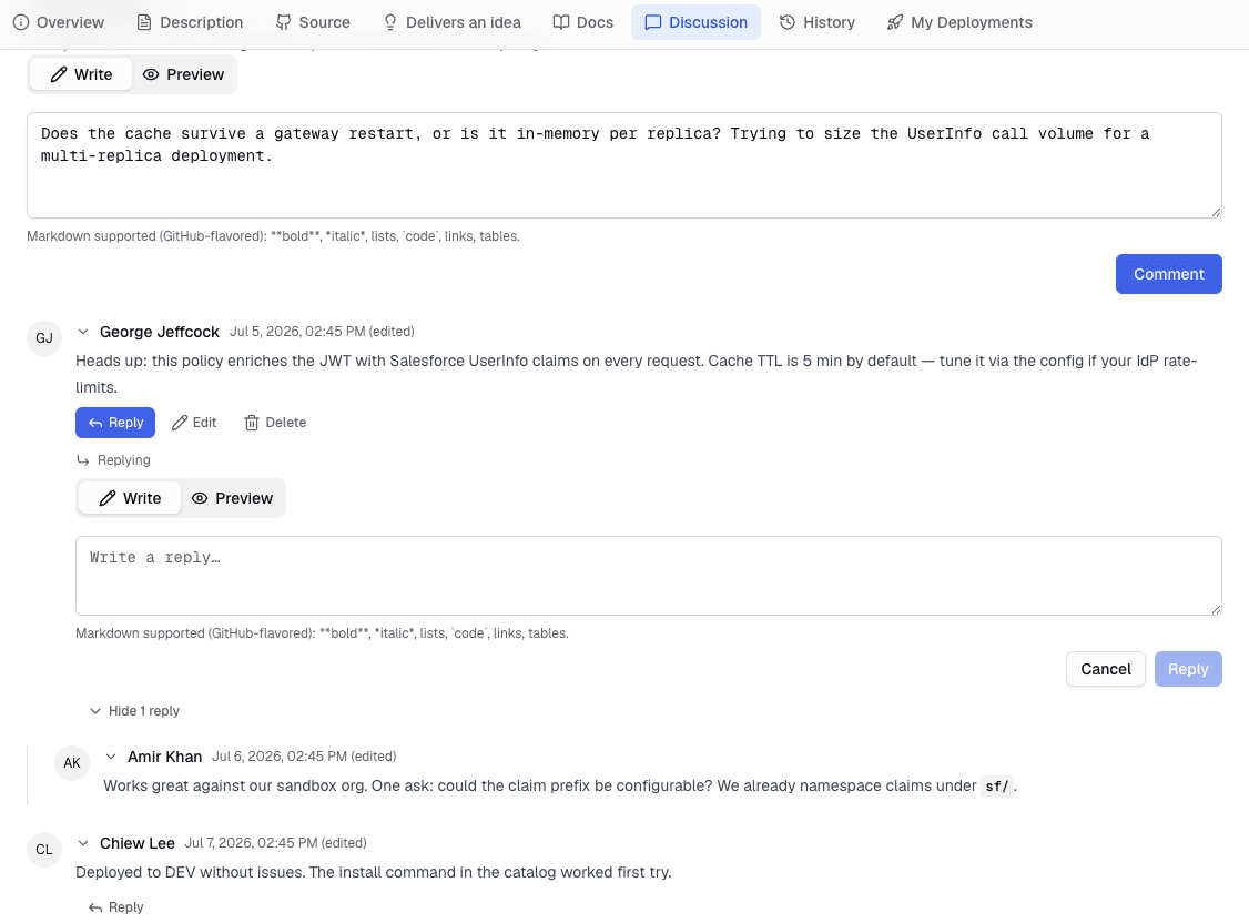 Comment with Reply, Edit, and Delete controls and an indented reply thread