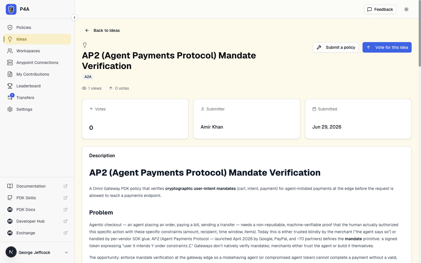 Idea detail page for an approved idea showing the Submit a policy button next to the upvote button