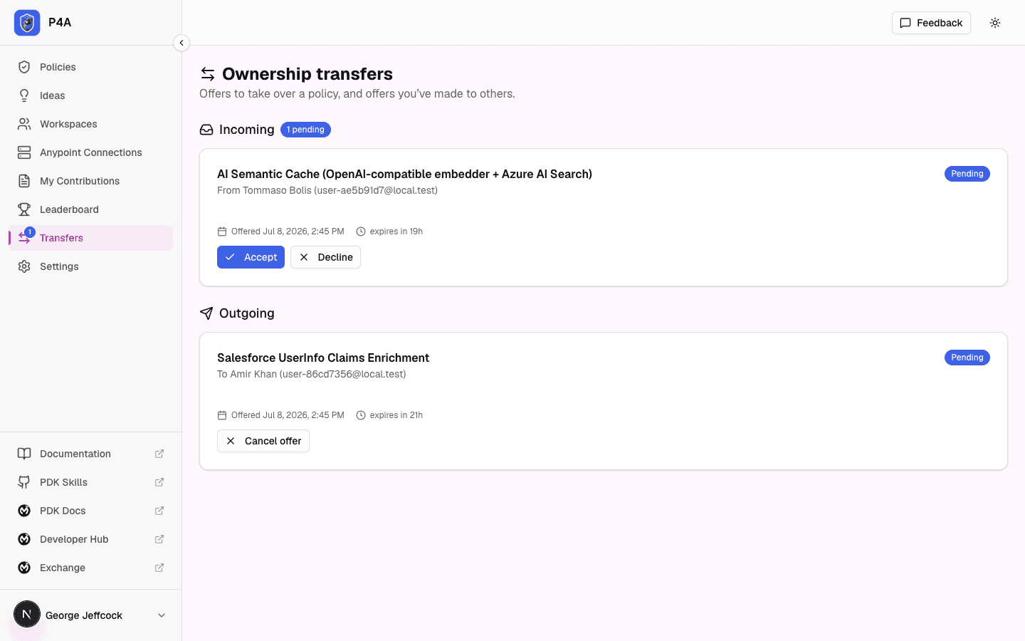 Transfers page with an incoming pending offer showing the Accept and Decline buttons and the expiry countdown