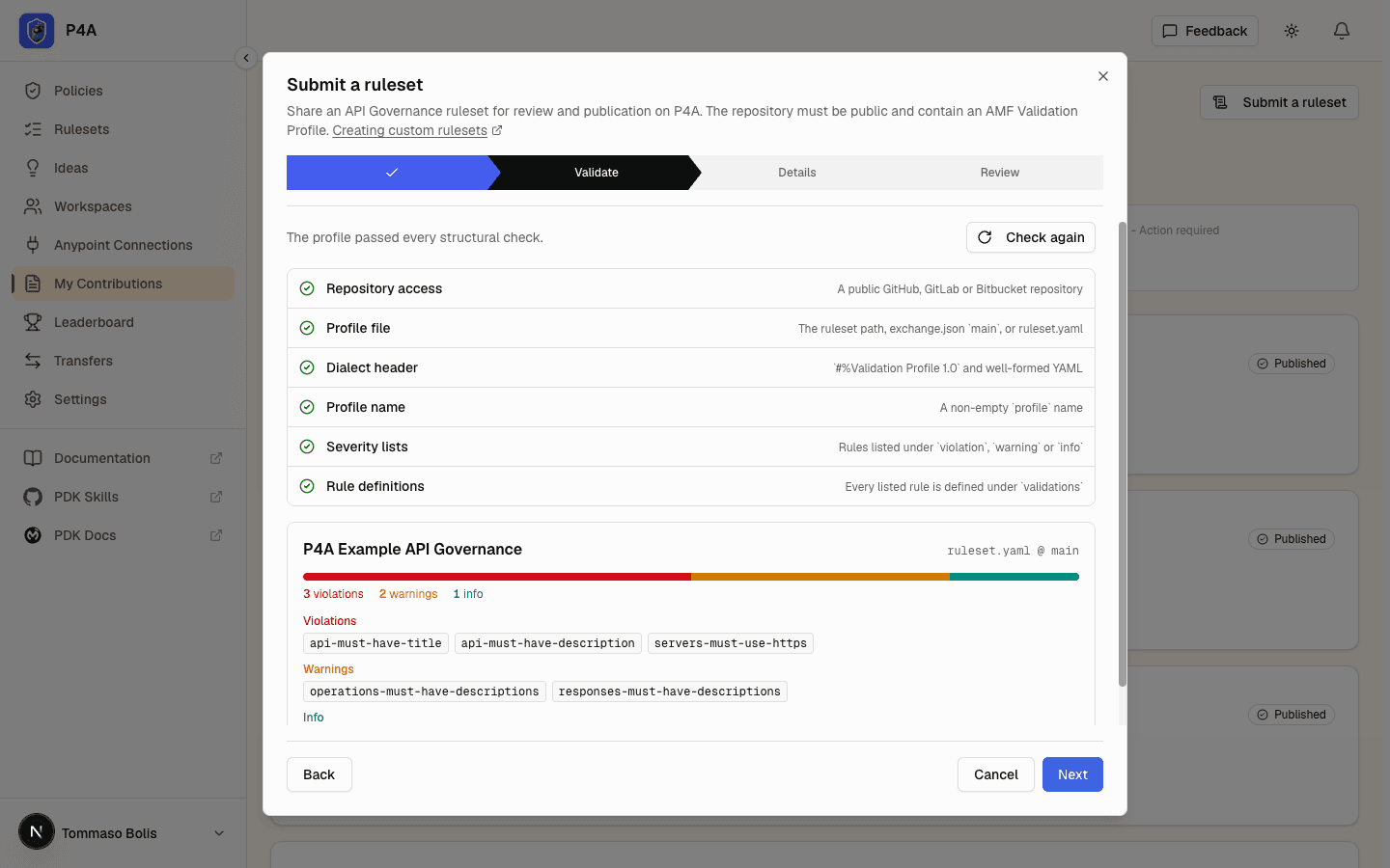 The ruleset wizard's Validate step with every structural check passing and the detected profile's rule counts