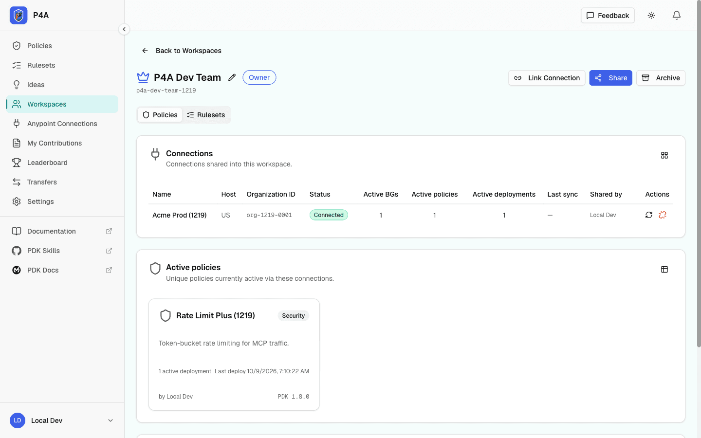 P4A Dev Team workspace detail page with Owner badge, Link Connection and Share buttons, the Policies and Rulesets tabs, and the Connections and Active policies cards